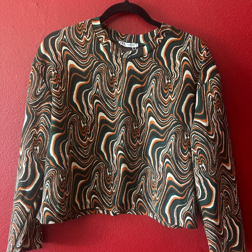 Zara Brown Boxy Long Sleeve Blouse with Mandarin Collar